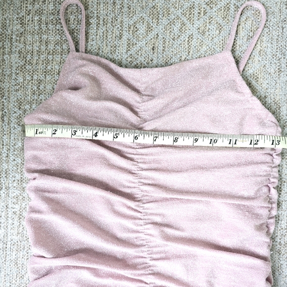 Mebius light pink midi dress | ruched with shimmery fabric | holiday or hoco - Picture 4 of 6